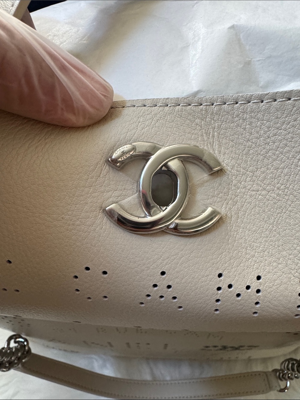 NWT CHANEL 2019 Beige Calfskin Perforated Logo Tote with Silver-Tone Hardware - Picture 7 of 17